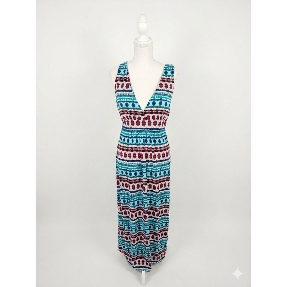 La Blanca Womens Ikat Print V-Neck Maxi Dress Swim Cover Up Blue Purple Size M